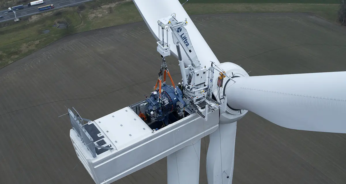 Liftra Self-Hoisting Crane lifting gearbox out of the nacelle.